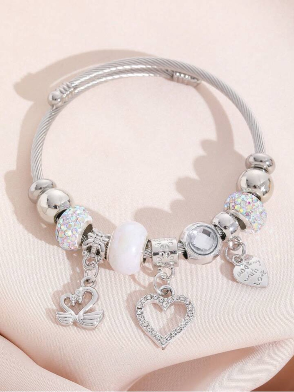 NEW Stainless Steel Charm Bangle Bracelet | Silver Rhinestone Heart Luxury Style